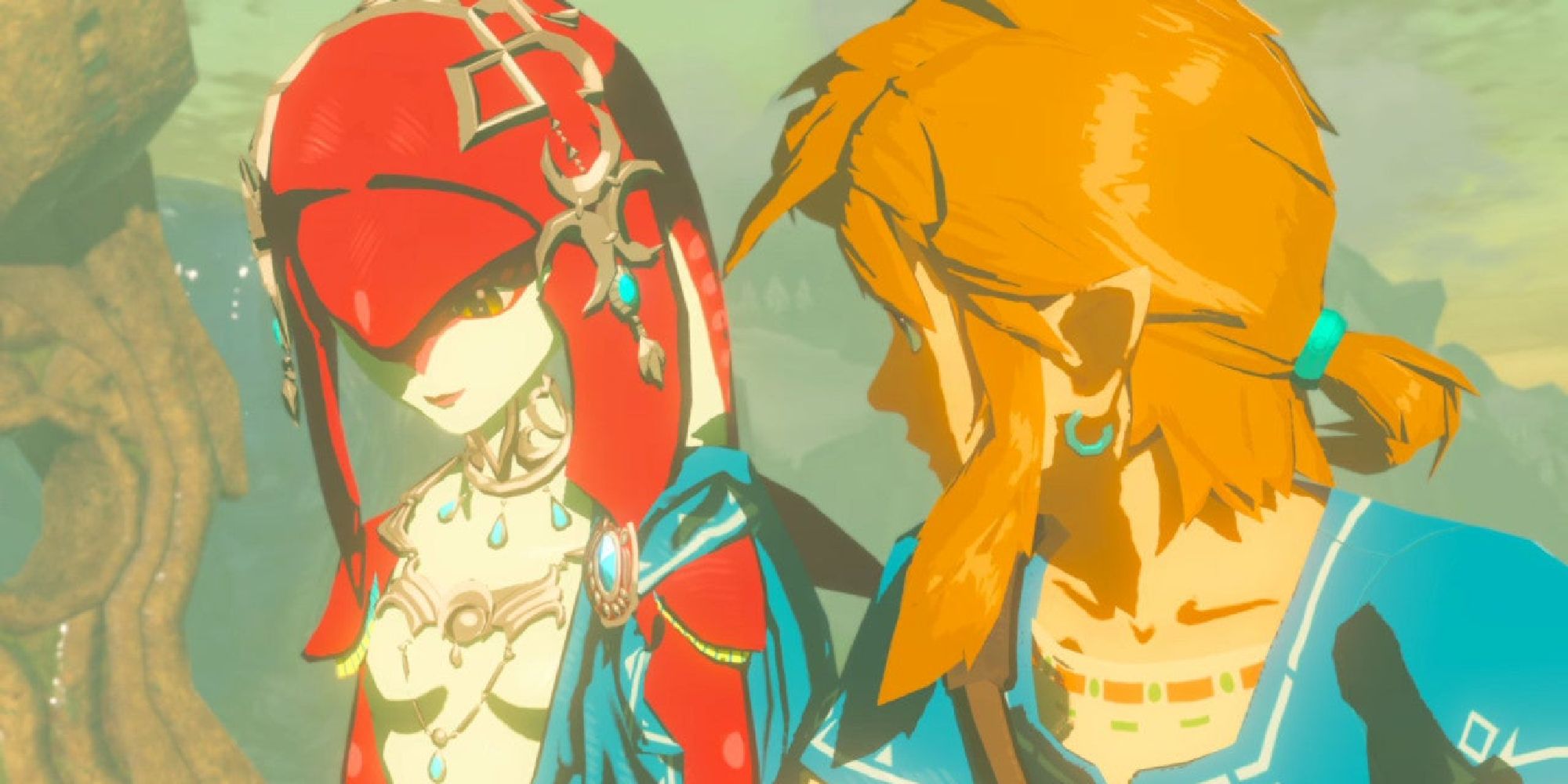 Mipha and Link talking while sitting on the Divine Beast Vah Ruta in a flashback