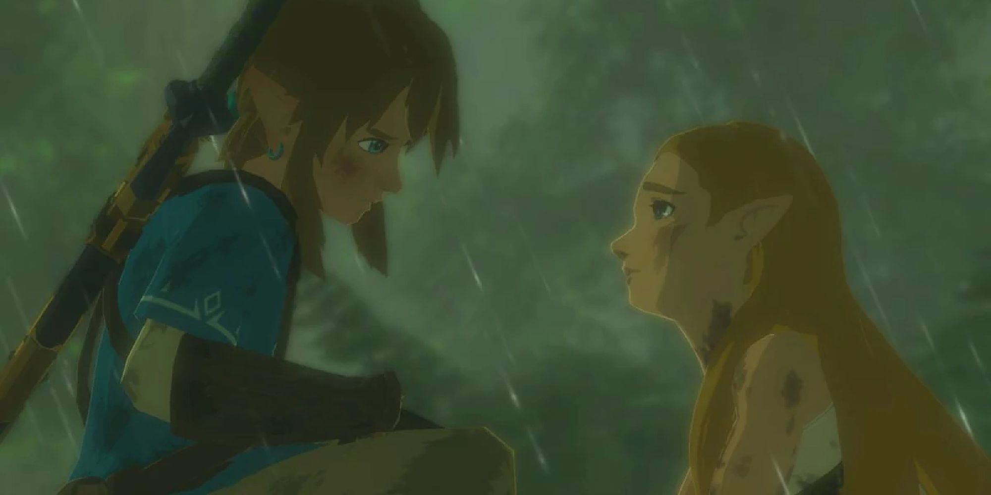 Zelda crying in the rain while staring at Link in the Captured Memory "Despair"