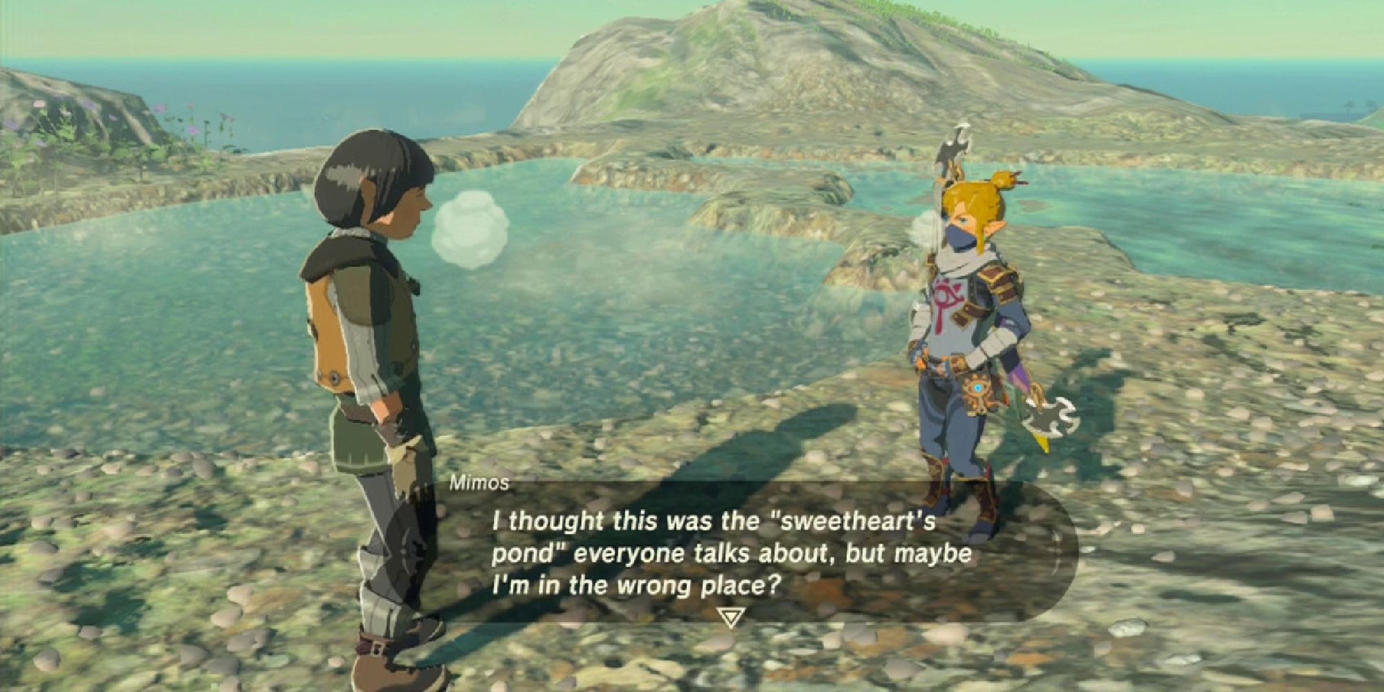 Link in Sheik's clothes talking to Mimos about the pond at the top of Ebon Mountain, which Mimos thought was "sweetheart's pond"