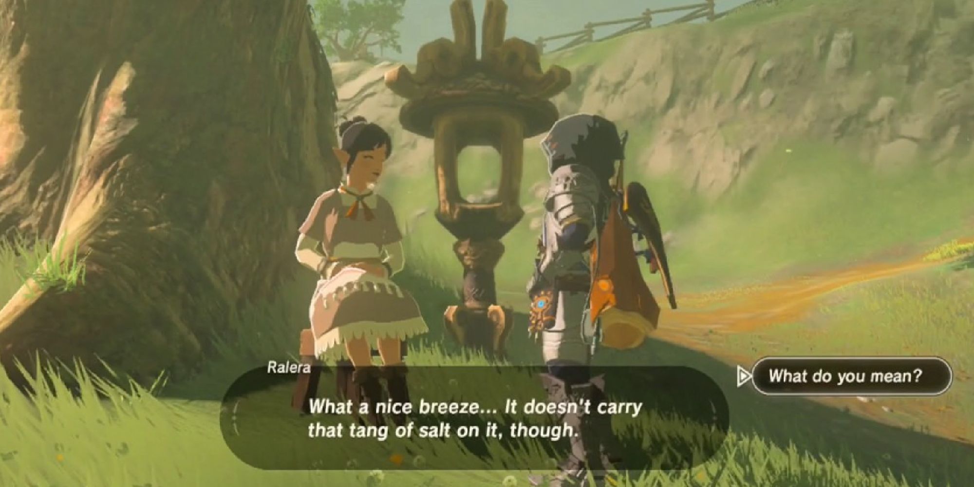 Link talking to Ralera, who sits under a tree near a torch light and comments on the breeze