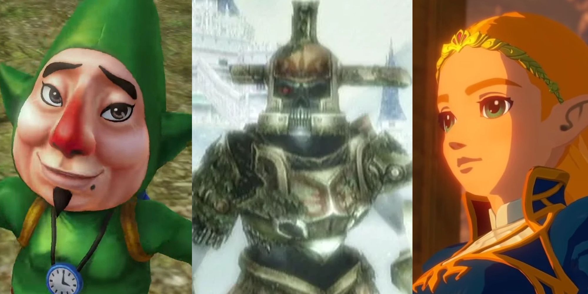 Tingle smiling in Hyrule Warriors; the Hero's Spirit appearing in Twilight Princess; Zelda in her royal uniform in Hyrule Warriors Age of Calamity