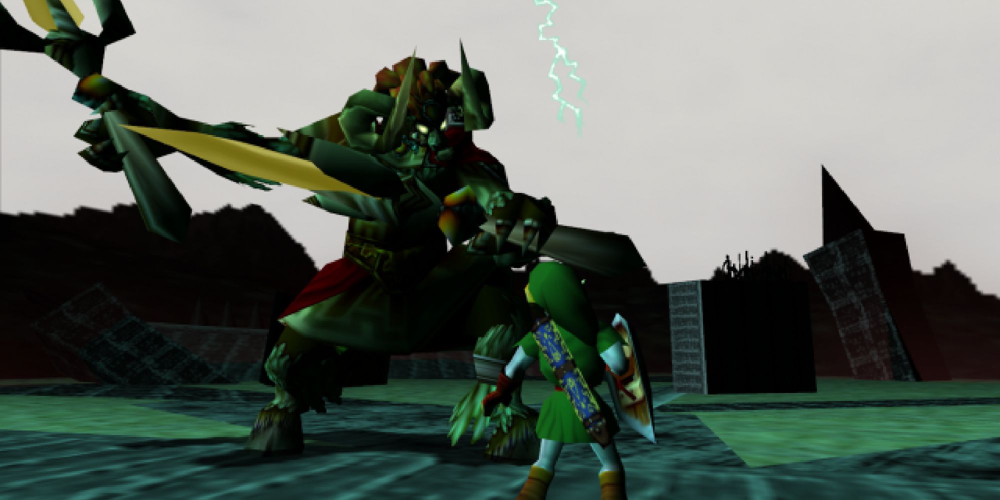 Adult Link facing Demon King Ganon at the end of Ocarina of Time