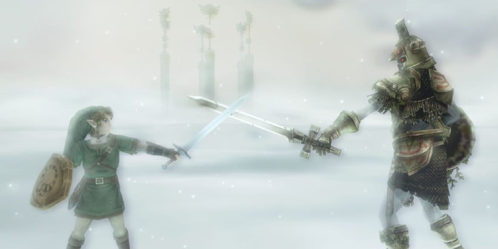 Link touching blades with the Hero's Spirit in an all-white dream world in Twilight Princess