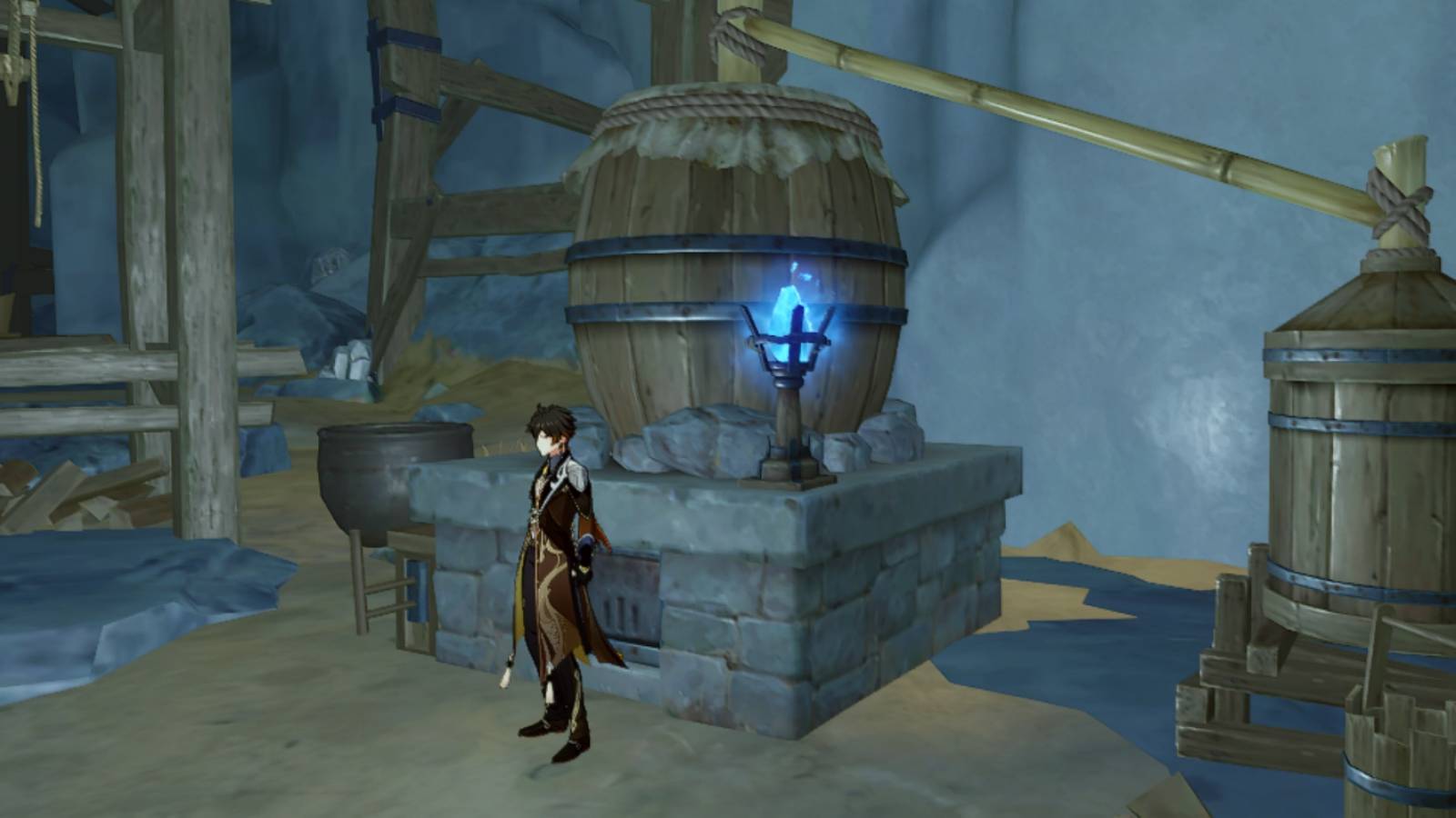 Zhongli standing next to large barrels in Genshin impact