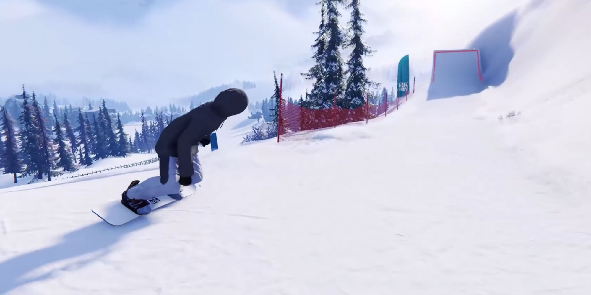 a snowboarder carving in a terrain park near jump in shredders