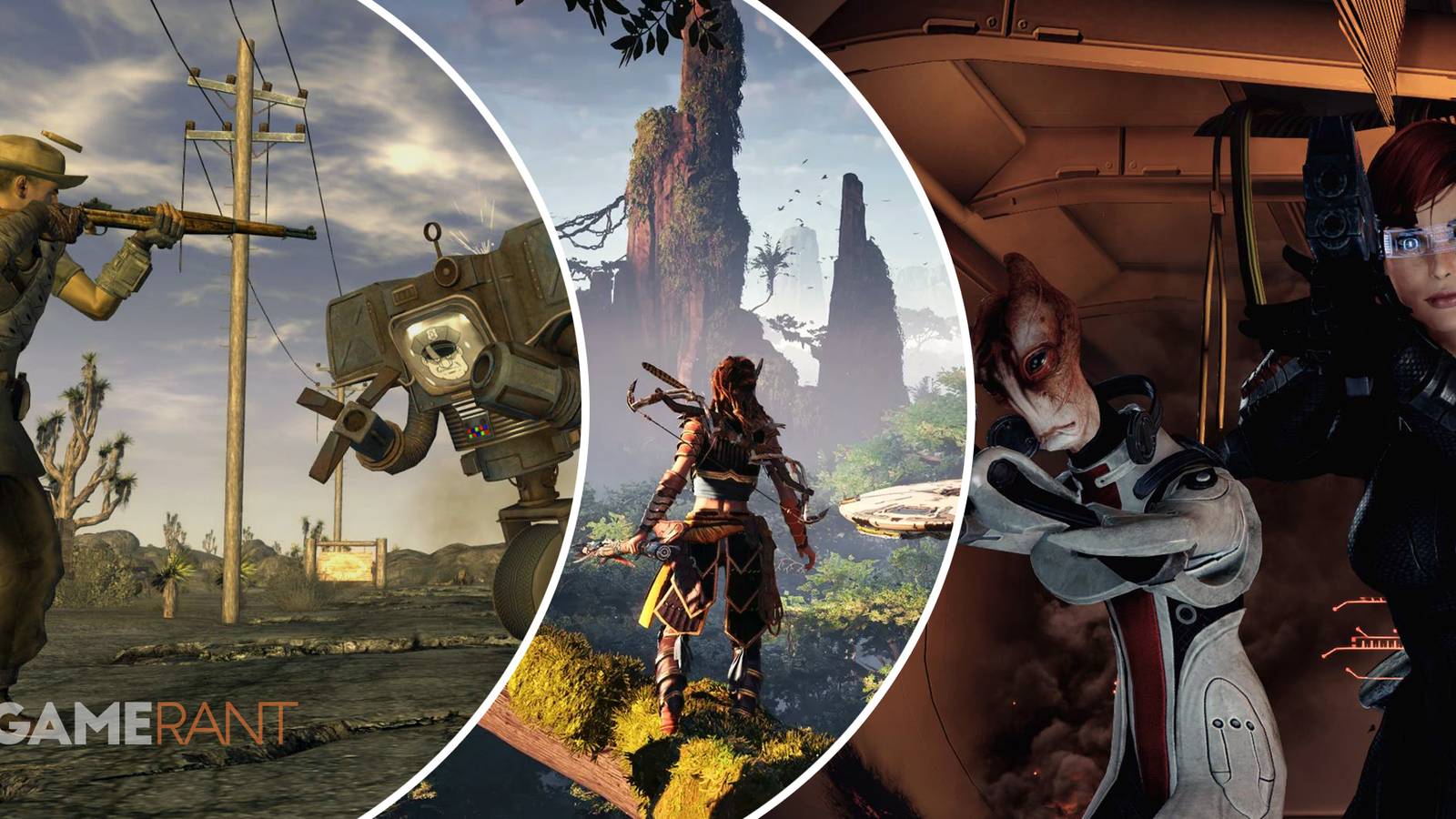 Fallout: New Vegas player battles an enemy on left, Horizon Zero Dawn Aloy looks out over the landscape in middle, Mass Effect 2 Mordin Solus and Commander Shepard get ready for a battle on right