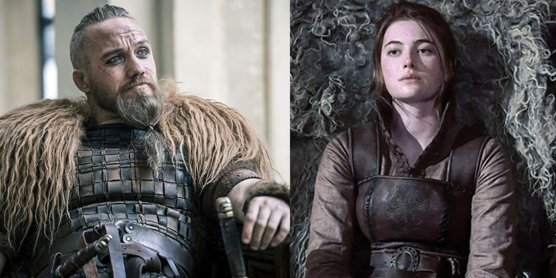 Split image of Erik and Aethelflaed in The Last Kingdom