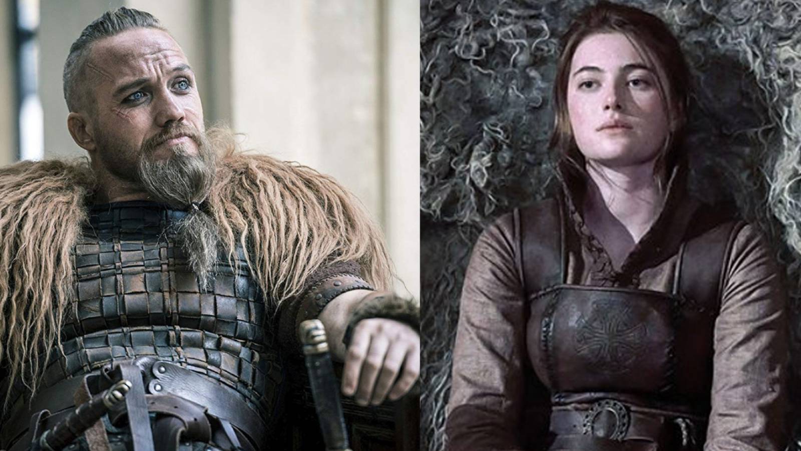 Split image of Erik and Aethelflaed in The Last Kingdom