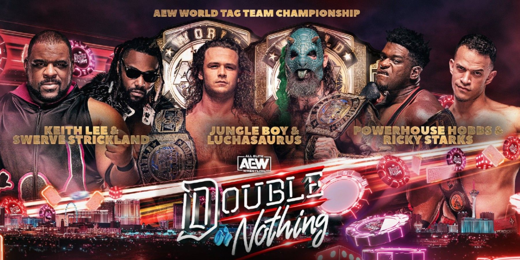 Keith Lee, Swerve Strickland, Jungle Boy, Luchasaurus, Powerhouse Hobbs, and Ricky Starks Double or Nothing graphic