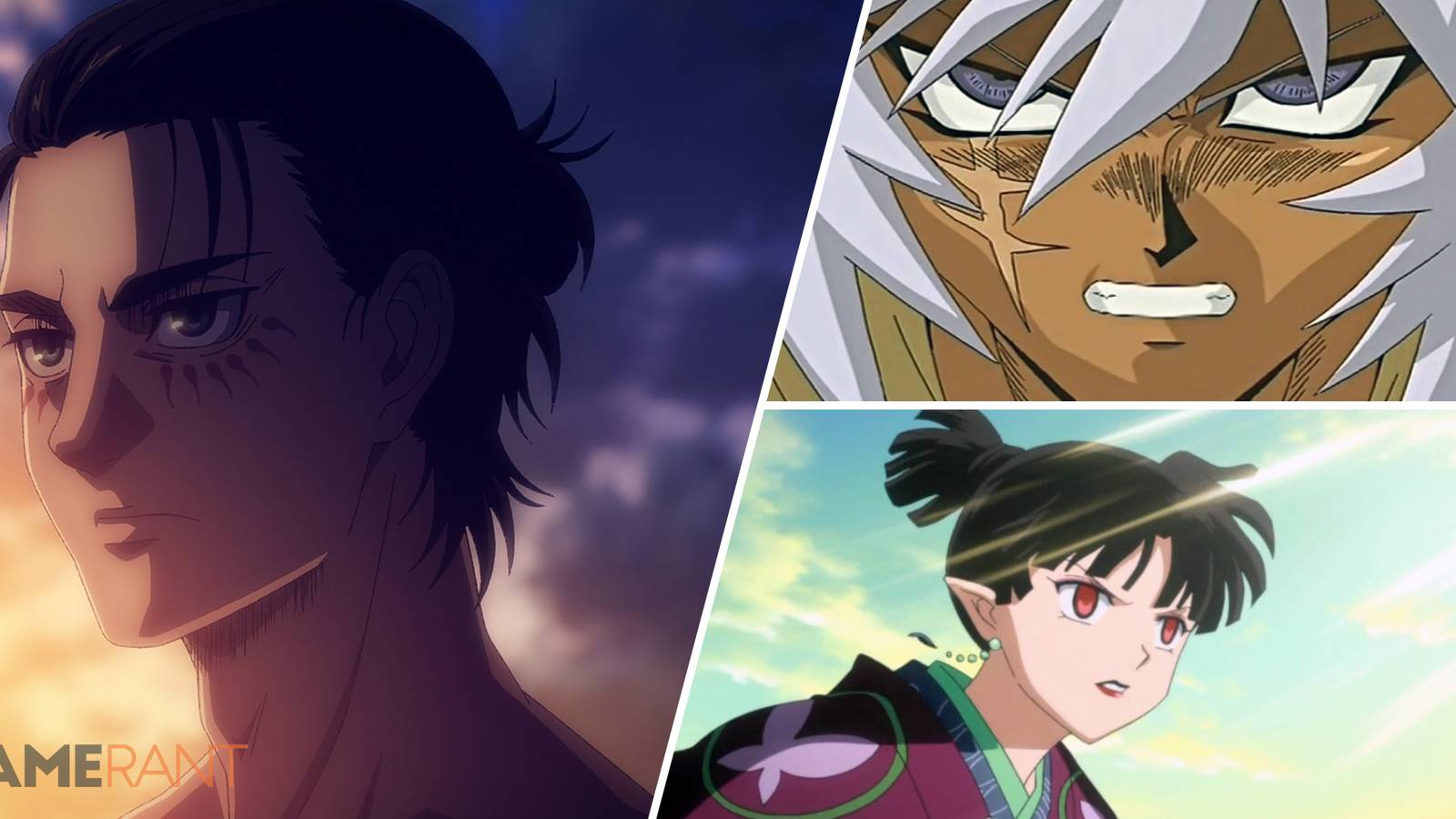 Anime villians Eren Yeager from Attack on Titan with Thief King Bakura from Yu-Gi-Oh! and Kagura from Inuyasha