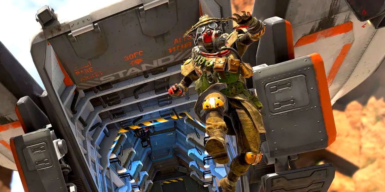 apex legend character jumping out of a drop shim 