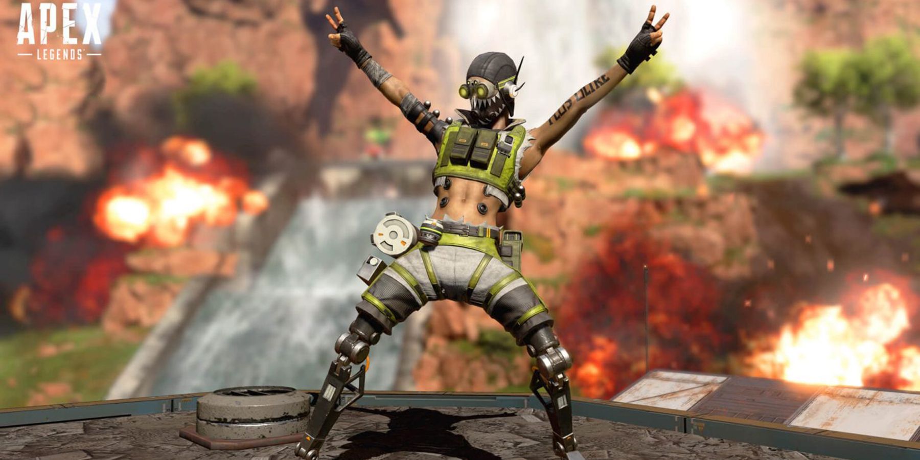 Octane cheering with explosions behind him in Apex Legends