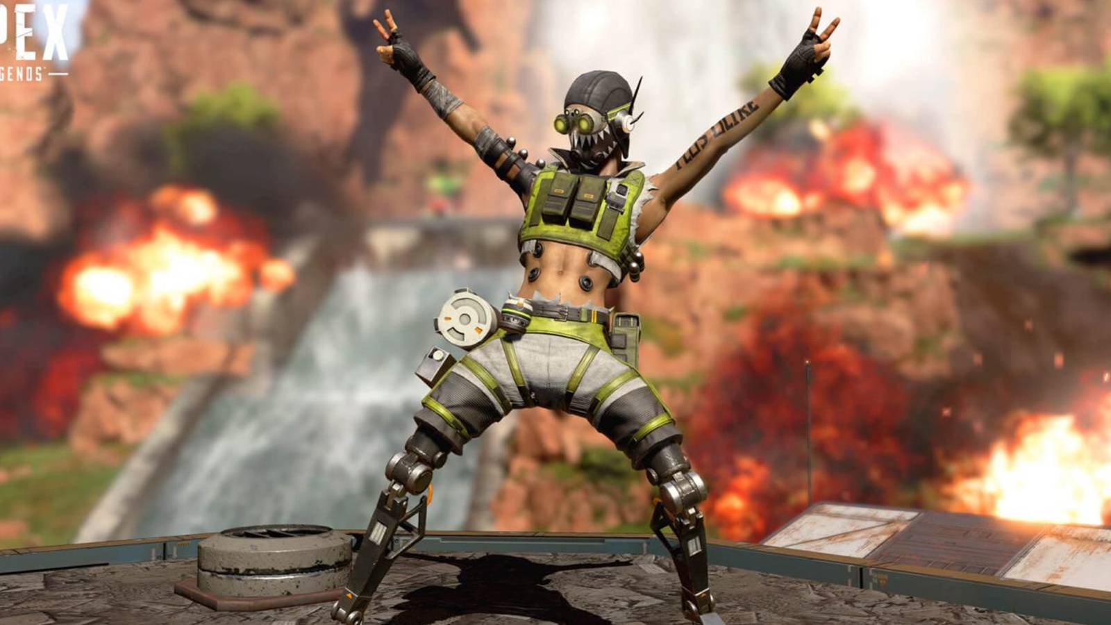 Octane cheering with explosions behind him in Apex Legends