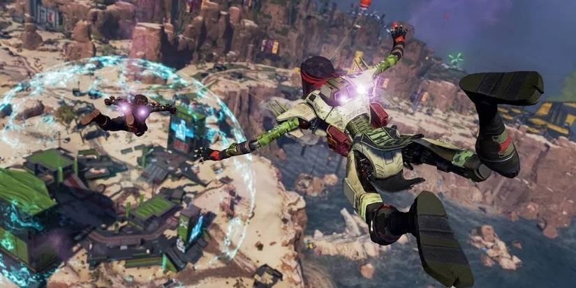 apex legends players jumping towards blue sphere 