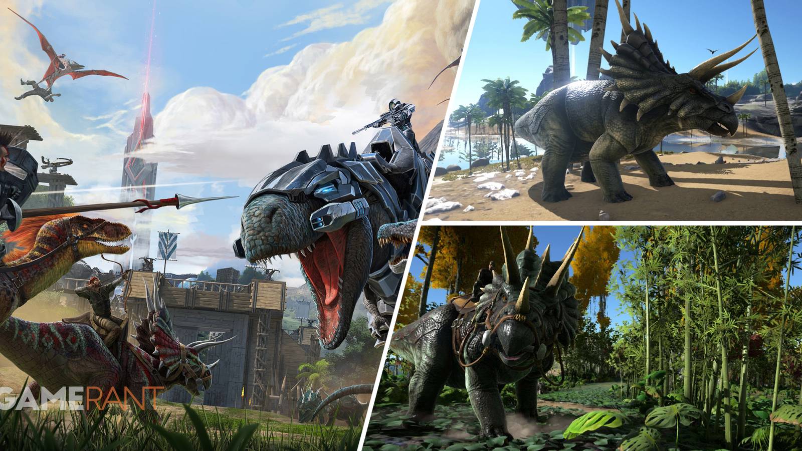 Ark Survival Evolved characters battling a t-rex with spears on left, triceratops on top right, triceratops with a saddle mount on bottom right