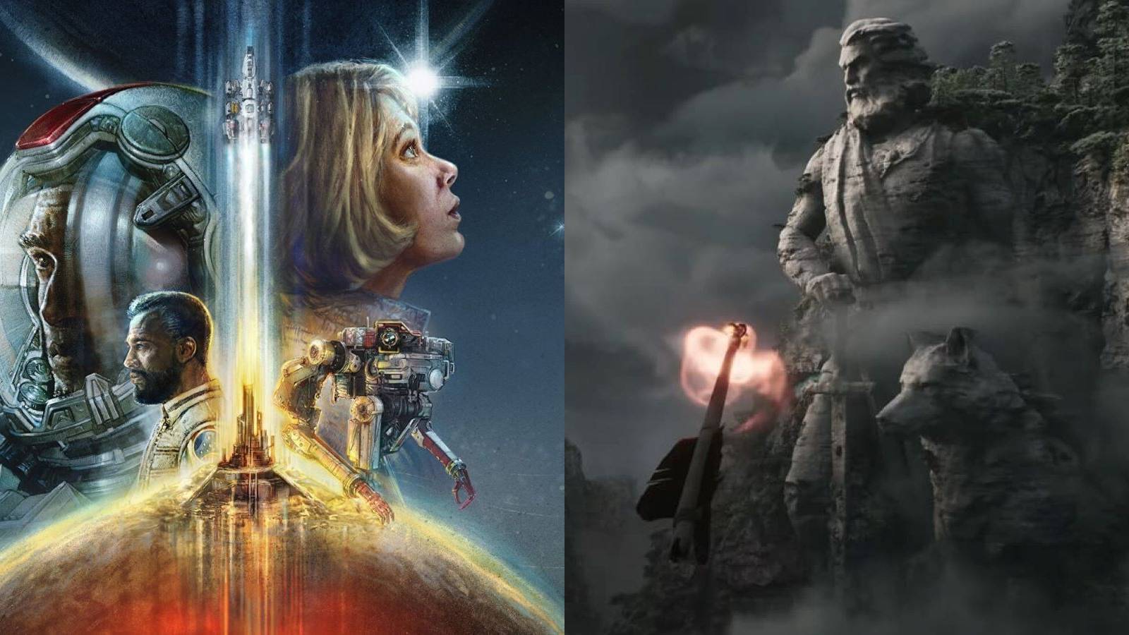 Starfield key art with several characters and the statue from Avowed's announcement trailer
