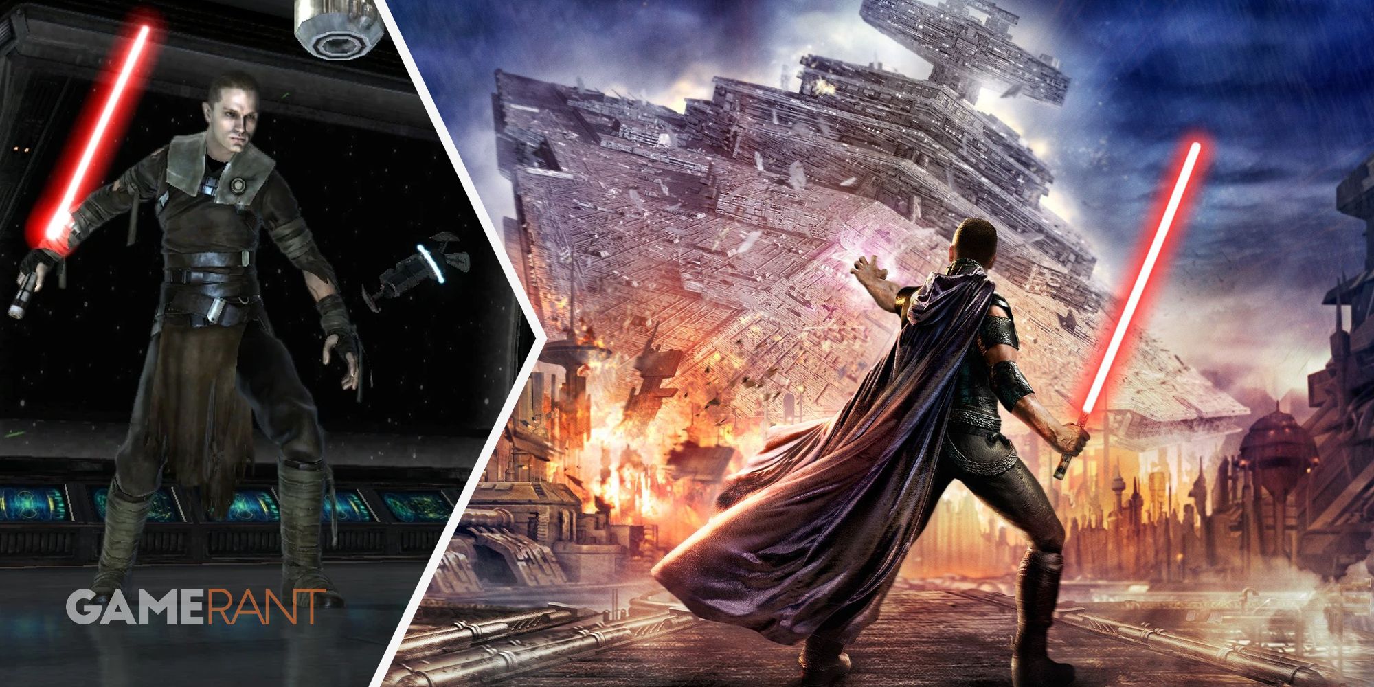 Sith character in Star Wars: The Force Unleashed on left, character force pushing a star destroyer to crash on right