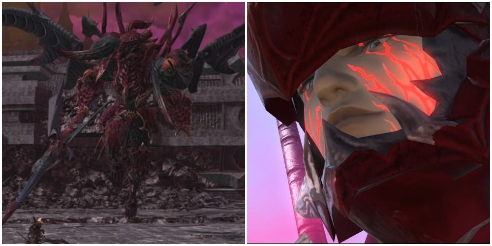 Split image of possessed Estinien.