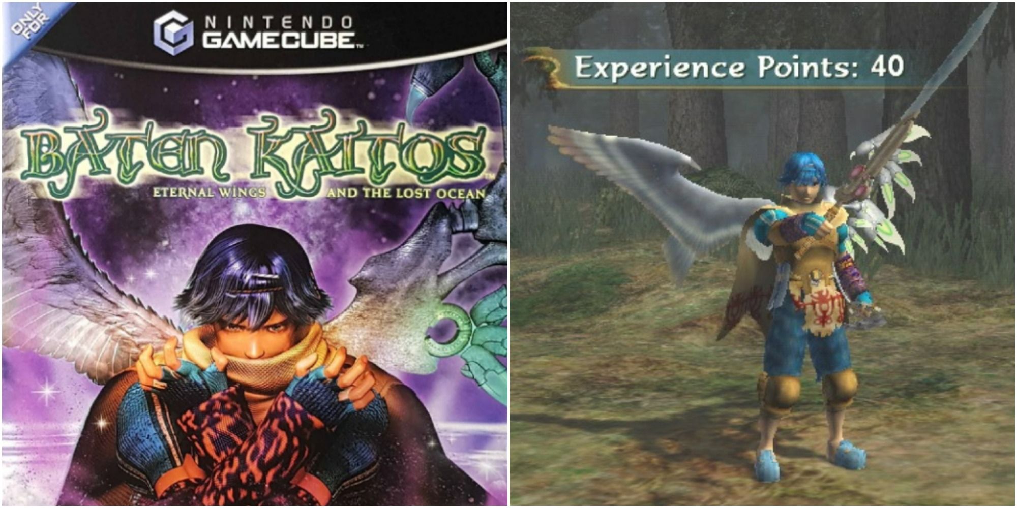 baten kaitos gamecube cover art with kalas protagonist and gameplay featuring Kalas gaining experience points featured