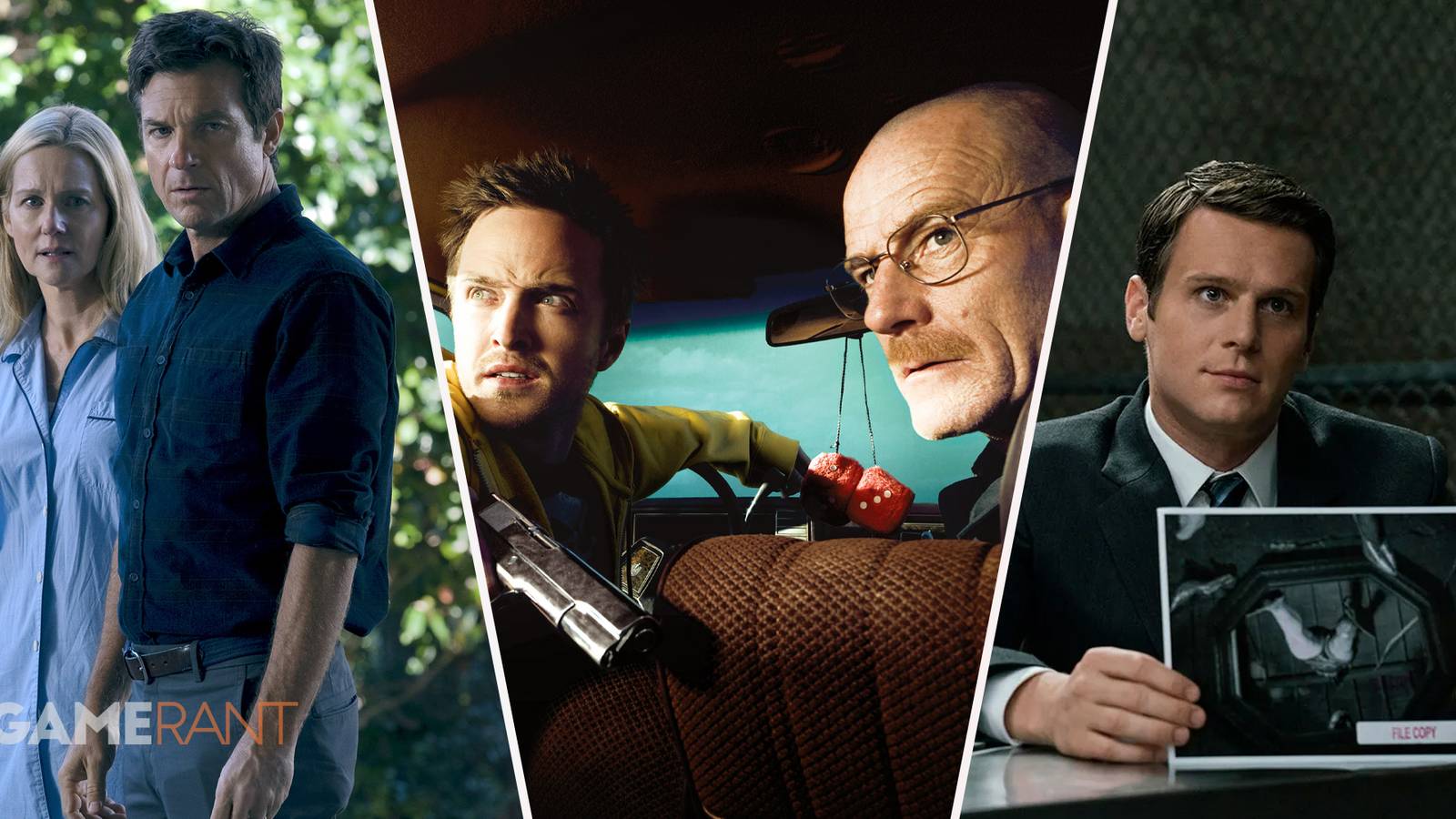 Ozark Wendy and Marty look concerned on left, Breaking Bad Jesse and Walter with a gun in middle, Mindhunter Holden with a crime photo on right