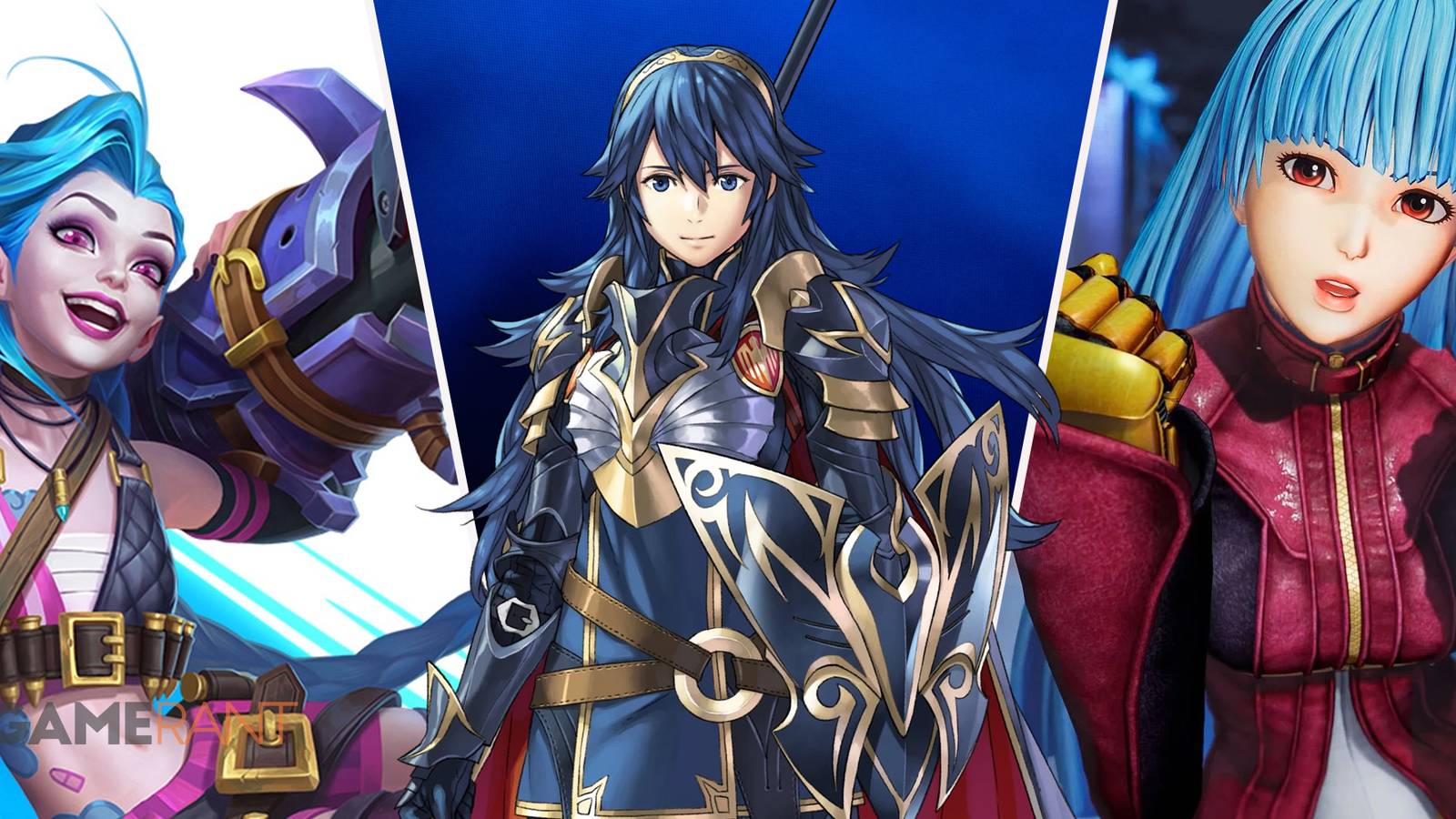 Jinx: League Of Legends holding a weapon on left, Lucina: Fire Emblem holding a shield in middle, Kula Diamond: The King Of Fighters holding up her fists on right