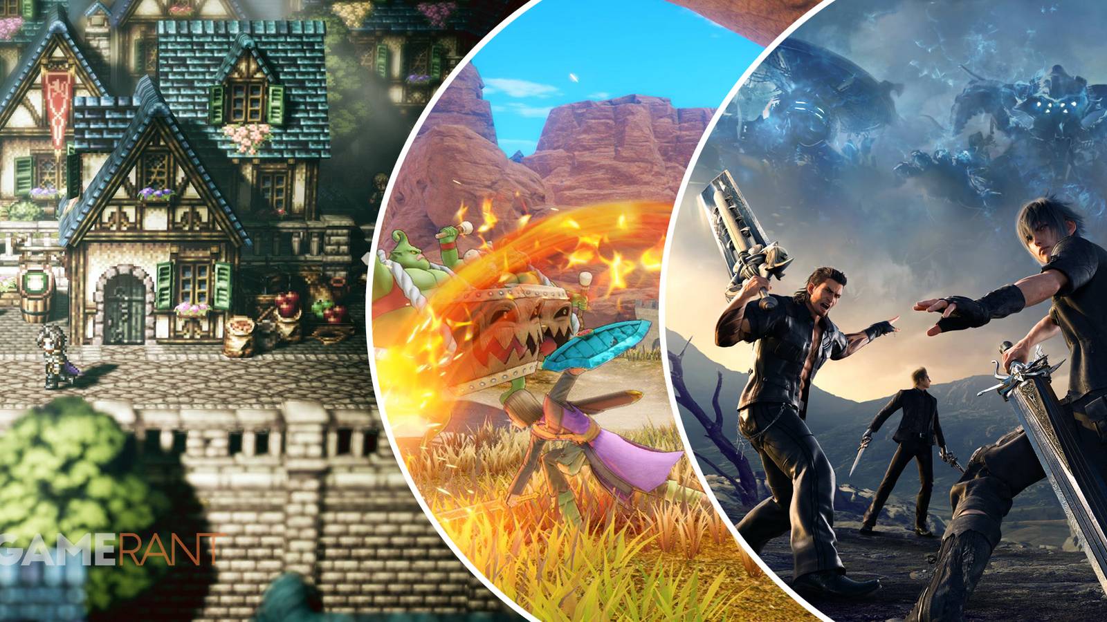 A character roams around a town in Octopath Traveler on the left, a character battles monsters in Dragon Quest XI S: Echoes Of An Elusive Age in the middle, main characters prepare for battle in Final Fantasy XV (15)