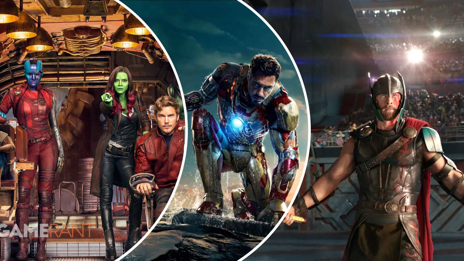 Guardians of the Galaxy Vol. 2 Rocket Raccoon, Nebula, Gamora, and Peter in spaceship on left, Iron Man kneeling in suit in middle, Thor Ragnarok Thor about to fight Hulk on right