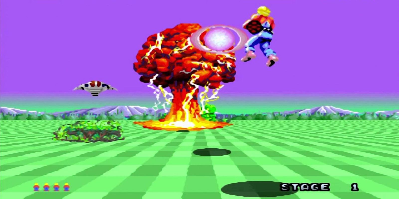 Space harrier flying across the screen and shooting down enemies