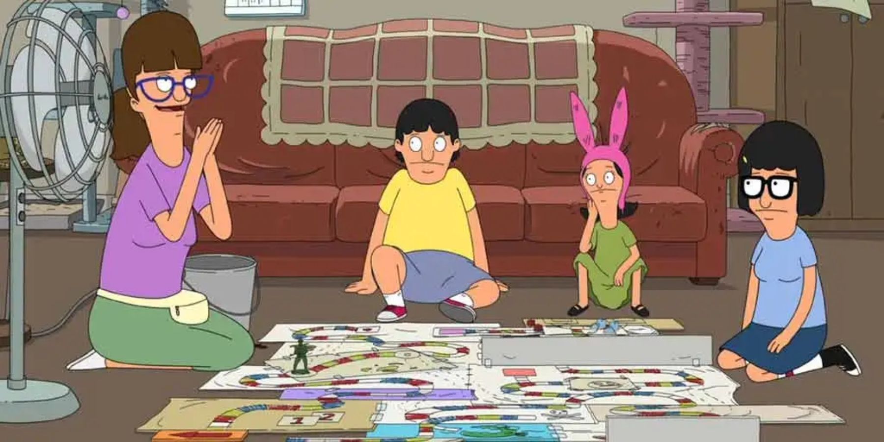 Gayle, Gene, Louise and Tina sitting on the floor in Bob's Burgers