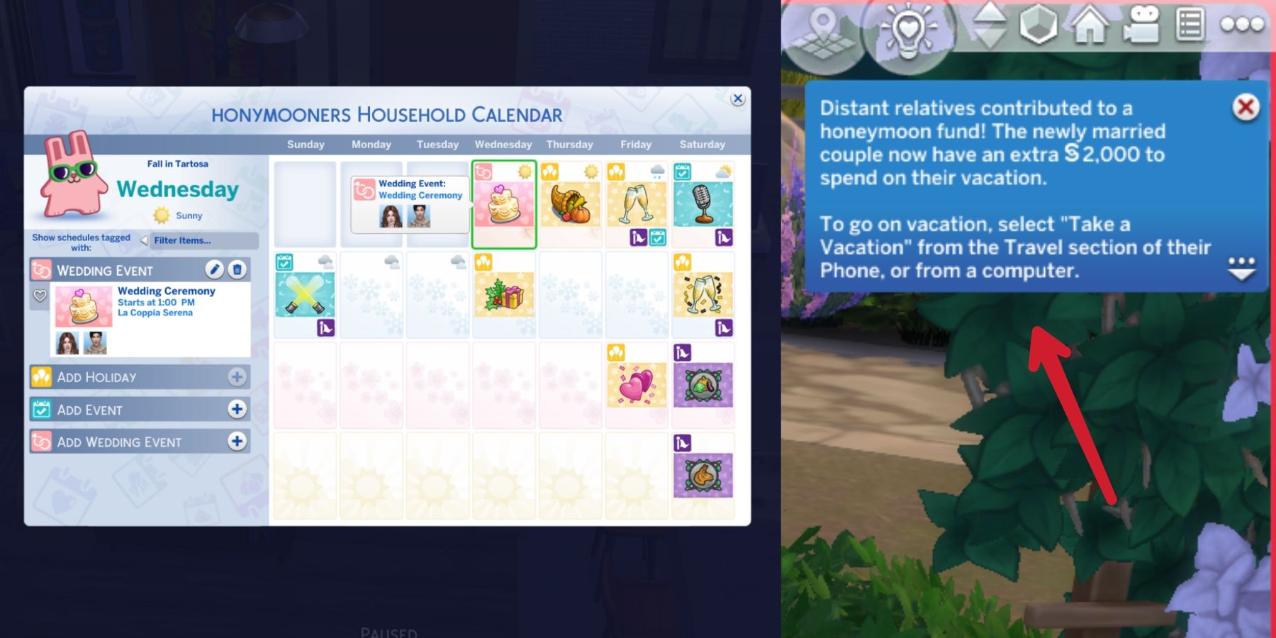 calendar and honeymoon funds in the sims 4