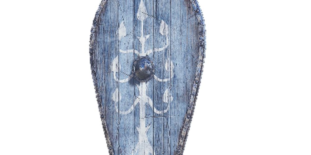 The blue Candletree wooden shield
