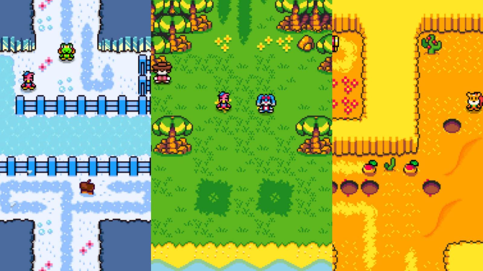 characters in snow area, characters in beach area, character in desert area in dandy and randy dx featured