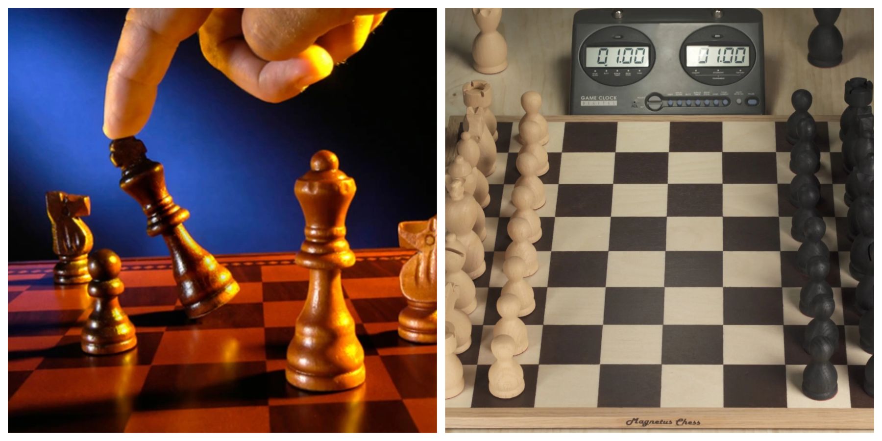 (Left) King being pushed (Right) Chess game setup with clock