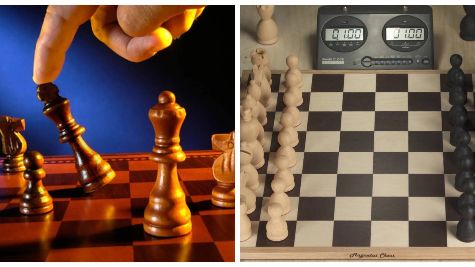 (Left) King being pushed (Right) Chess game setup with clock