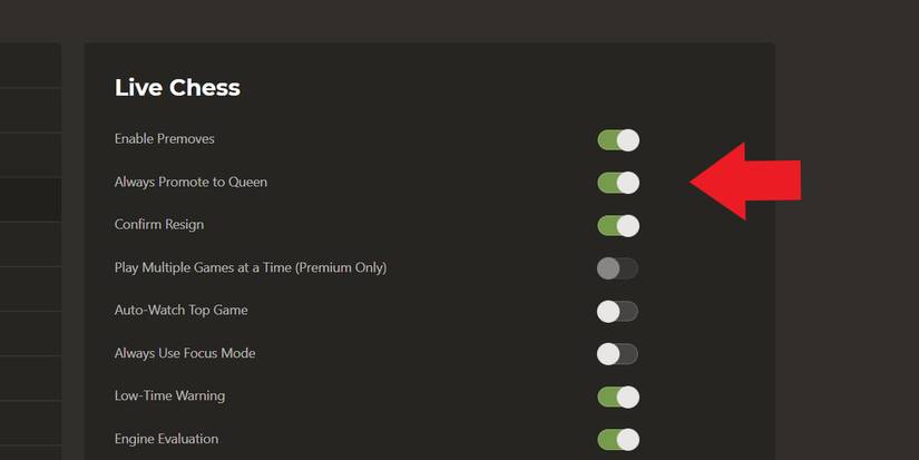 Chess settings with arrow pointed to auto-queen