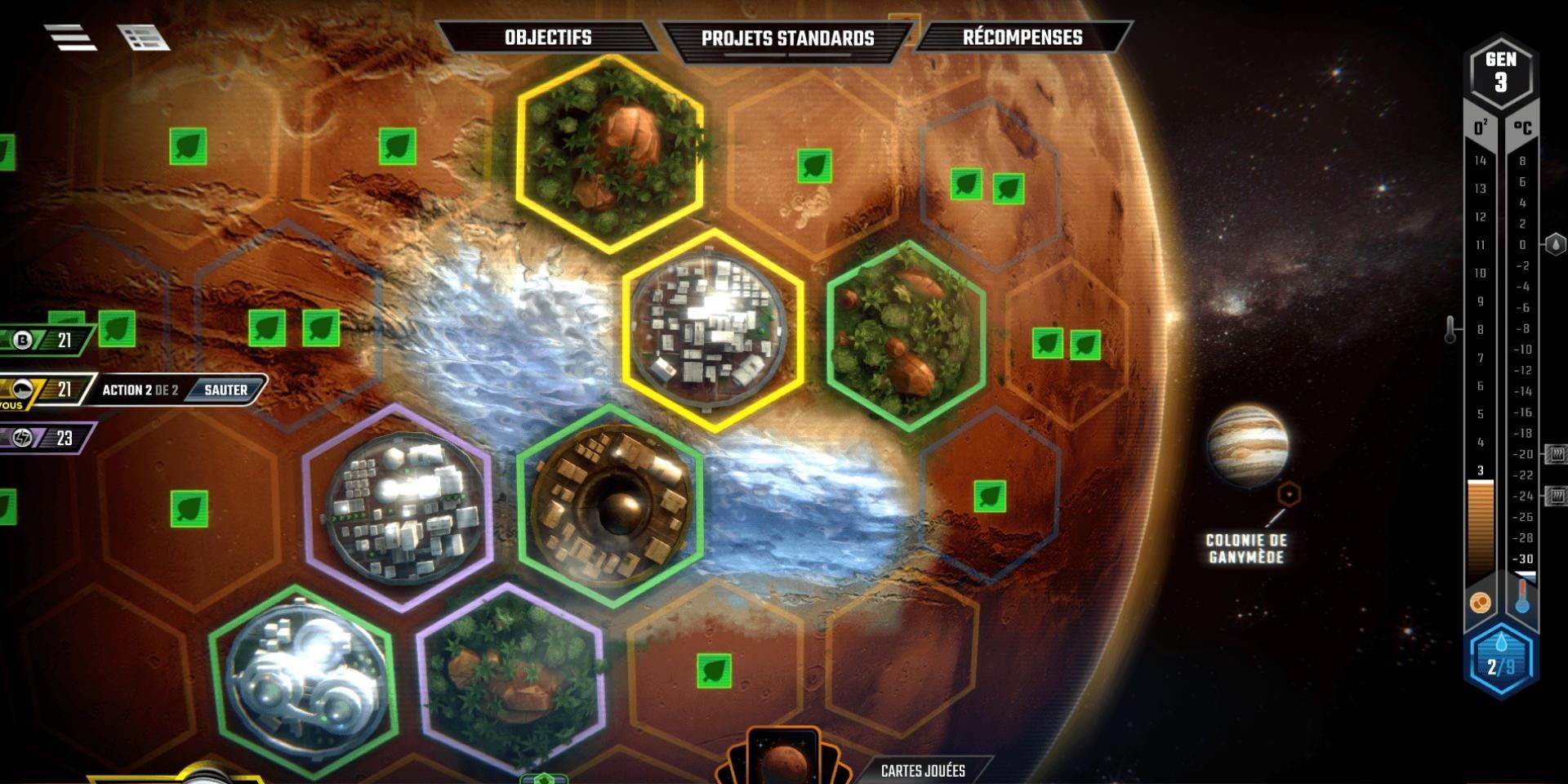 settlements and greenery tiles as seen in Terraforming Mars digital game