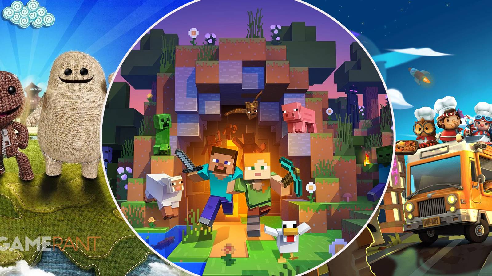 LittleBigPlanet 3 characters on left, Minecraft Steve, Alex, creeper, various animals posing in middle, Overcooked 2 characters on top of truck on right