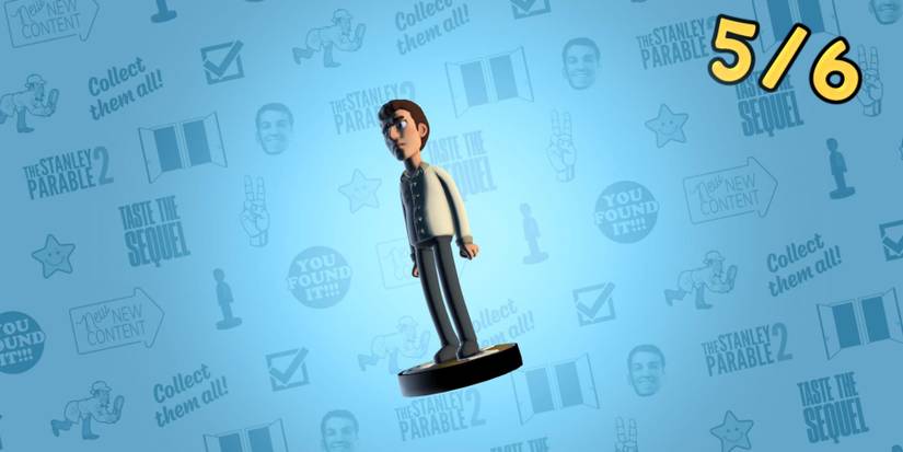 a figurine of a man in button-down shirt and slacks with a slight hunch in his shoulders. He's white with brown hair. in the top right corner is text that reads "5/6"