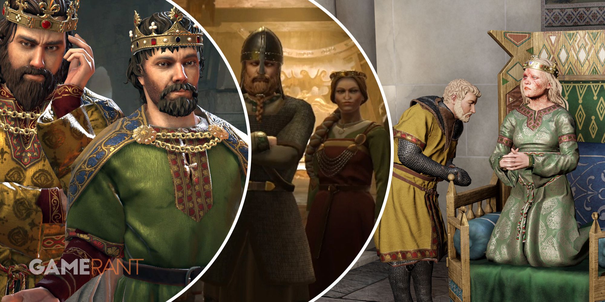 Crusader Kings 3 royals posing on left, a guard and a noble in middle, a royal and a guard on left