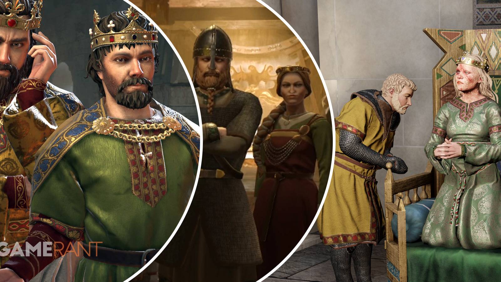 Crusader Kings 3 royals posing on left, a guard and a noble in middle, a royal and a guard on left