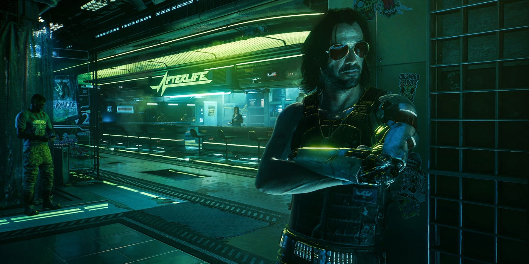 Image from Cyberpunk 2077 showing Johnny Silverhand leaning on a wall in the Afterlife night club.