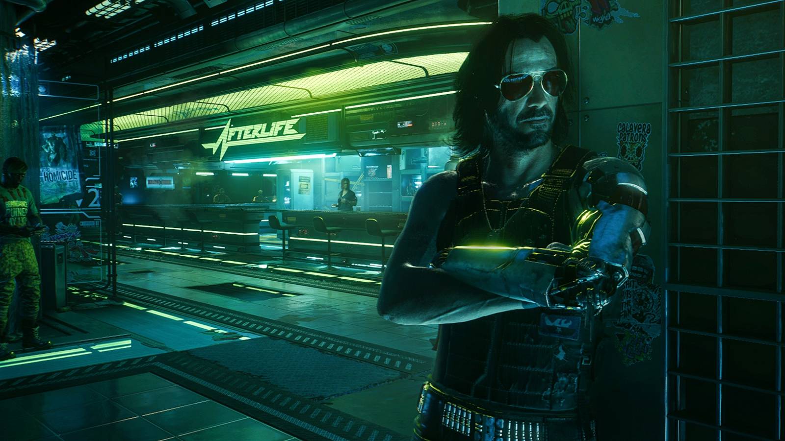 Image from Cyberpunk 2077 showing Johnny Silverhand leaning on a wall in the Afterlife night club.