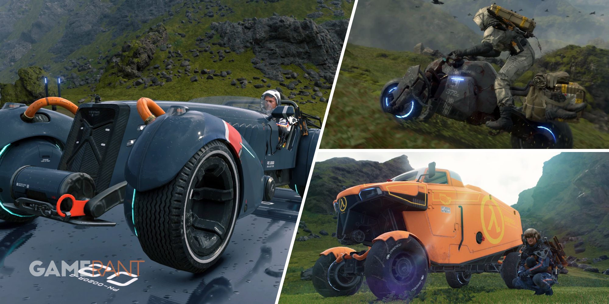 Sam Bridges sitting in his roadster vehicle that's new to Death Stranding Director's Cut on left, Sam and his reverse trike on top right, Sam posing next to a Cicada MC 2000 on bottom right