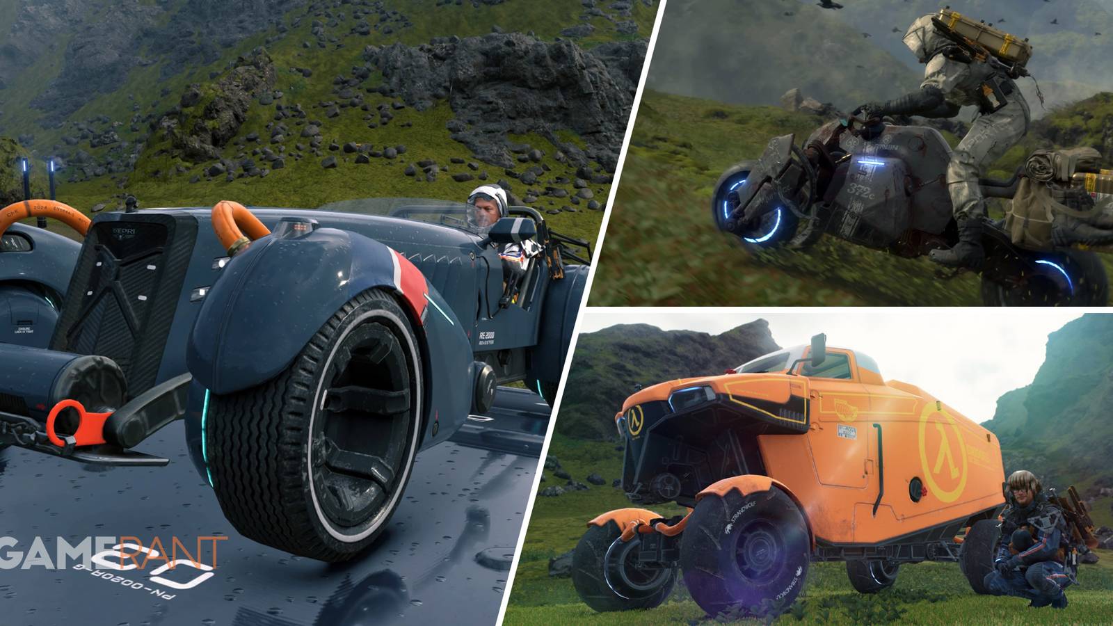 Sam Bridges sitting in his roadster vehicle that's new to Death Stranding Director's Cut on left, Sam and his reverse trike on top right, Sam posing next to a Cicada MC 2000 on bottom right