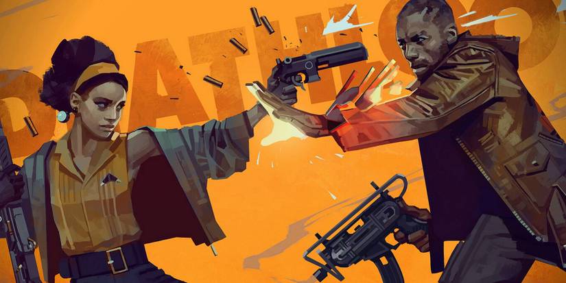 Image from Deathloop showing Julianna and Colt holding guns.