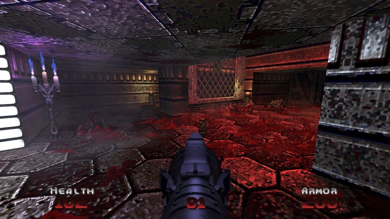 Image from the Doom 64 mod showing a hallway bathed in red lighting.