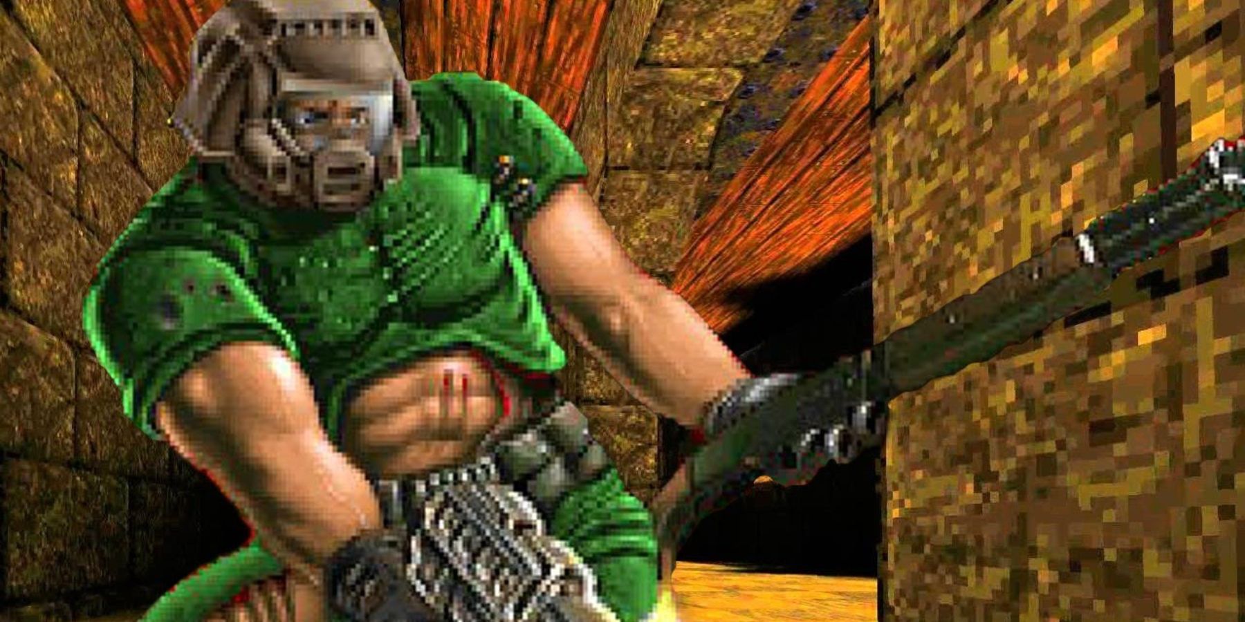 An image showing Doom Guy with a background from a Quake level.