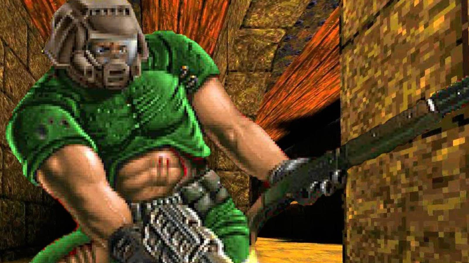 An image showing Doom Guy with a background from a Quake level.
