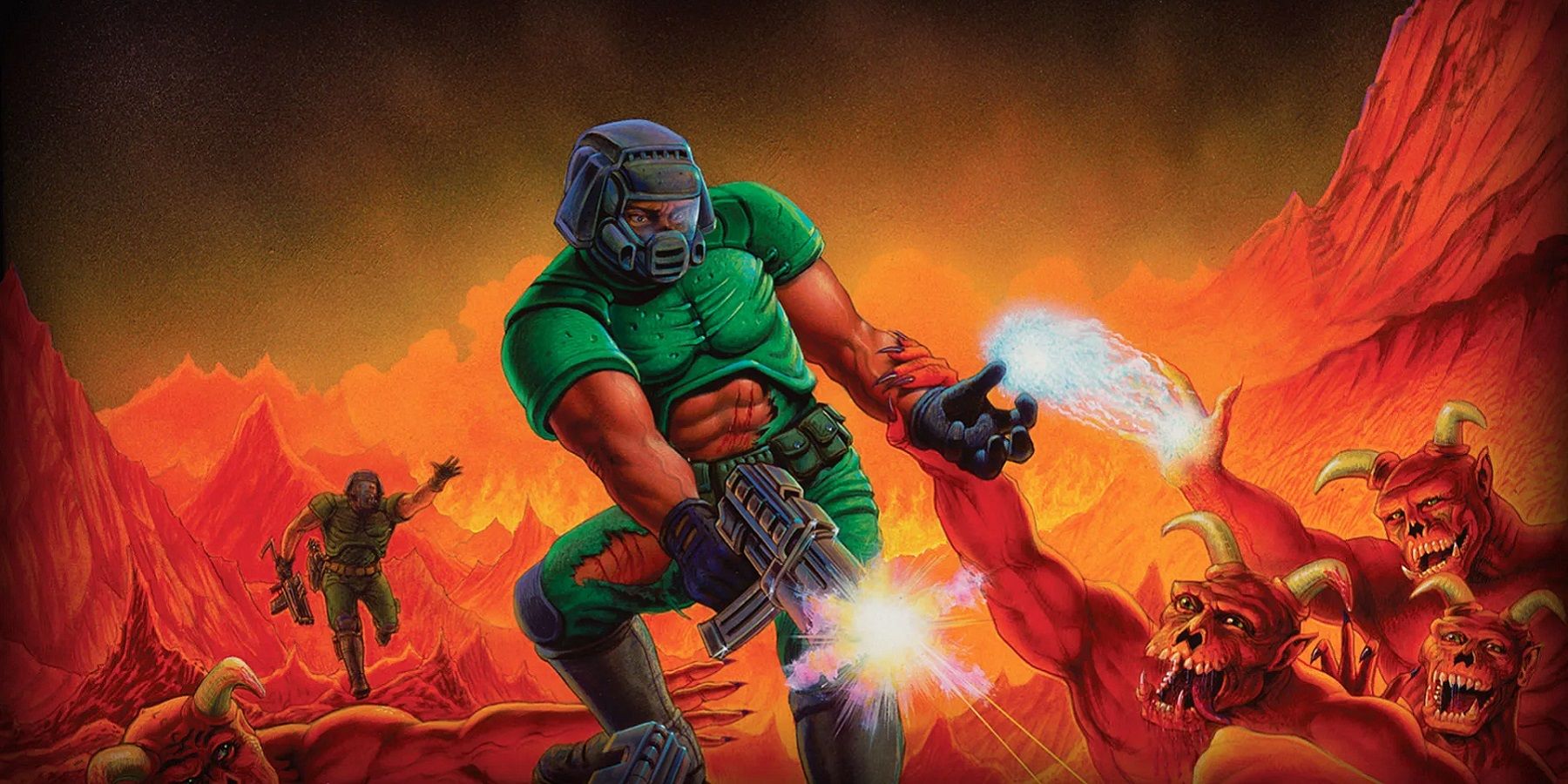 The classic Doom image showing the Doomguy shooting at demons.