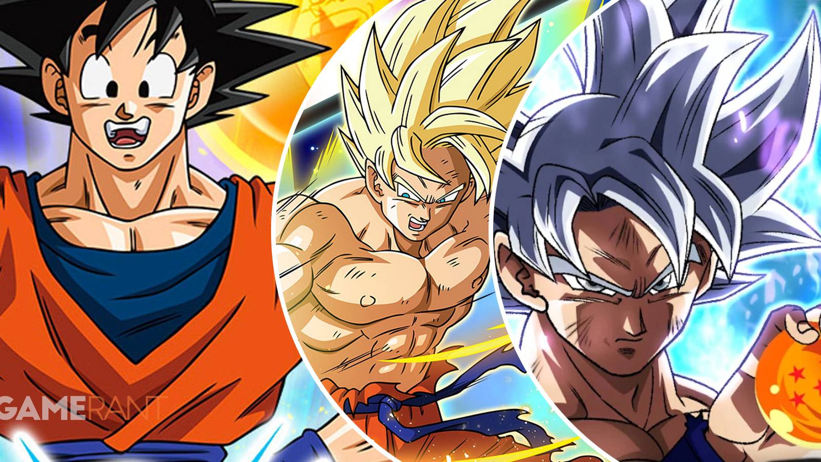 Dragon Ball Z: Dokkan Battle Goku smiling on left, Super Saiyan Goku in middle, Goku holding a dragon ball on right
